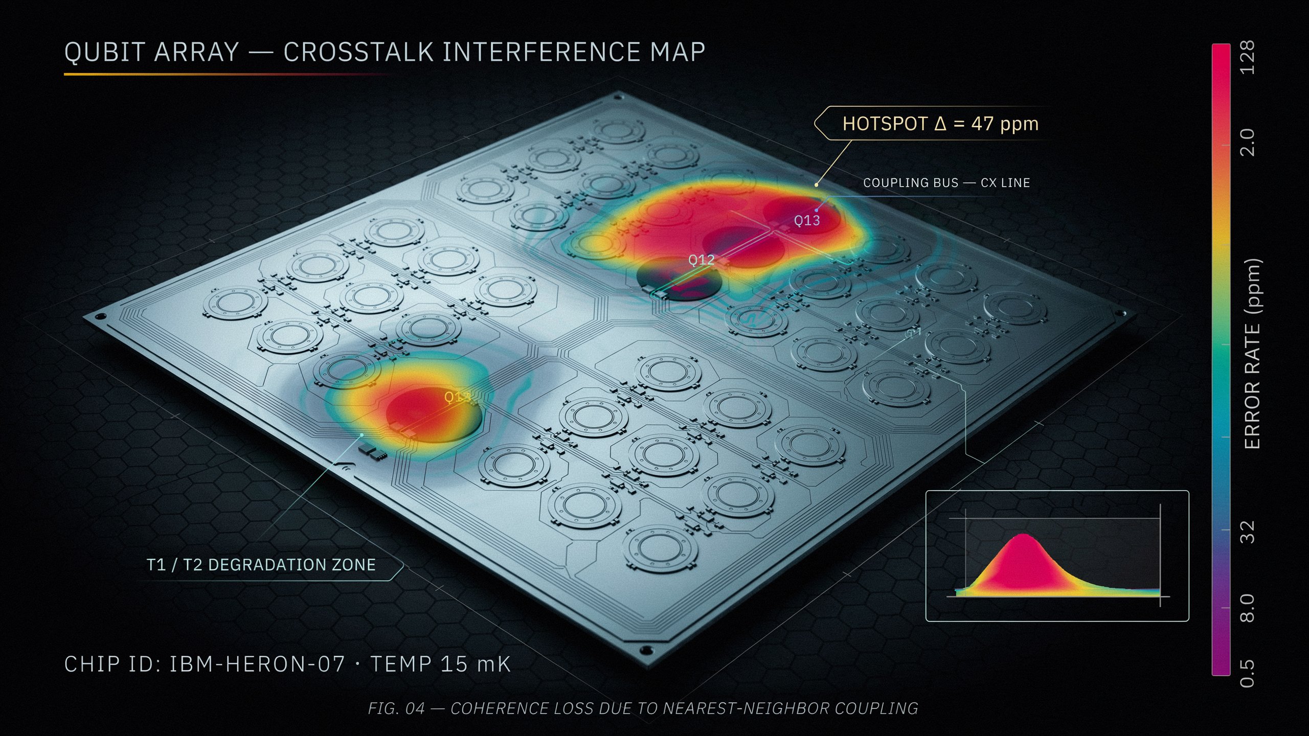 Diagnostic heat map used to trace quantum chip error rates caused by cross-talk.