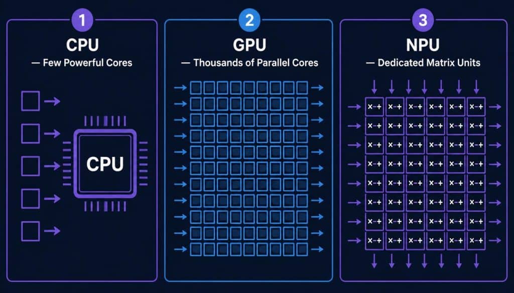 CPU vs GPU vs NPU architecture comparison showing
how neural processing unit differs from other chips