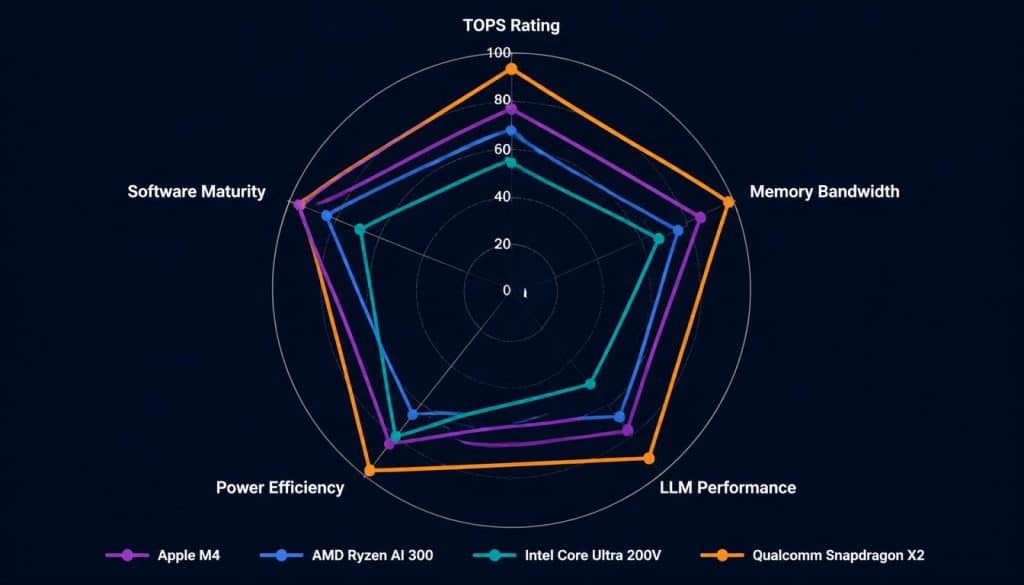 NPU laptop comparison 2026 radar chart showing Apple M4
AMD Ryzen AI Intel Core Ultra Qualcomm performance