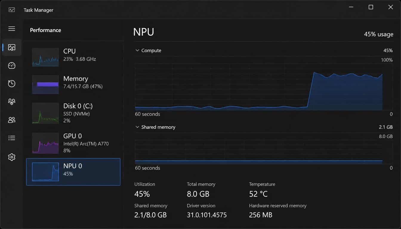 Windows 11 Task Manager showing NPU usage at 45  percent confirming neural processing unit is active