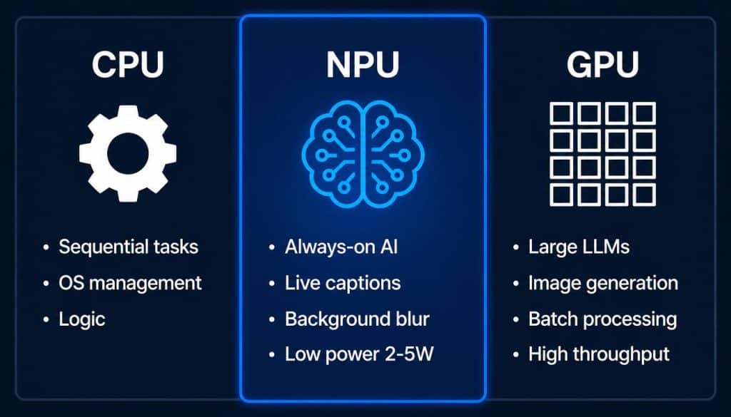 NPU vs GPU vs CPU workload comparison showing 
when to use each processor for AI tasks in 2026