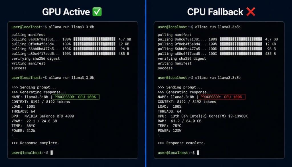 ollama ps command output showing GPU active versus
CPU fallback on Mac — how to verify Metal GPU is running