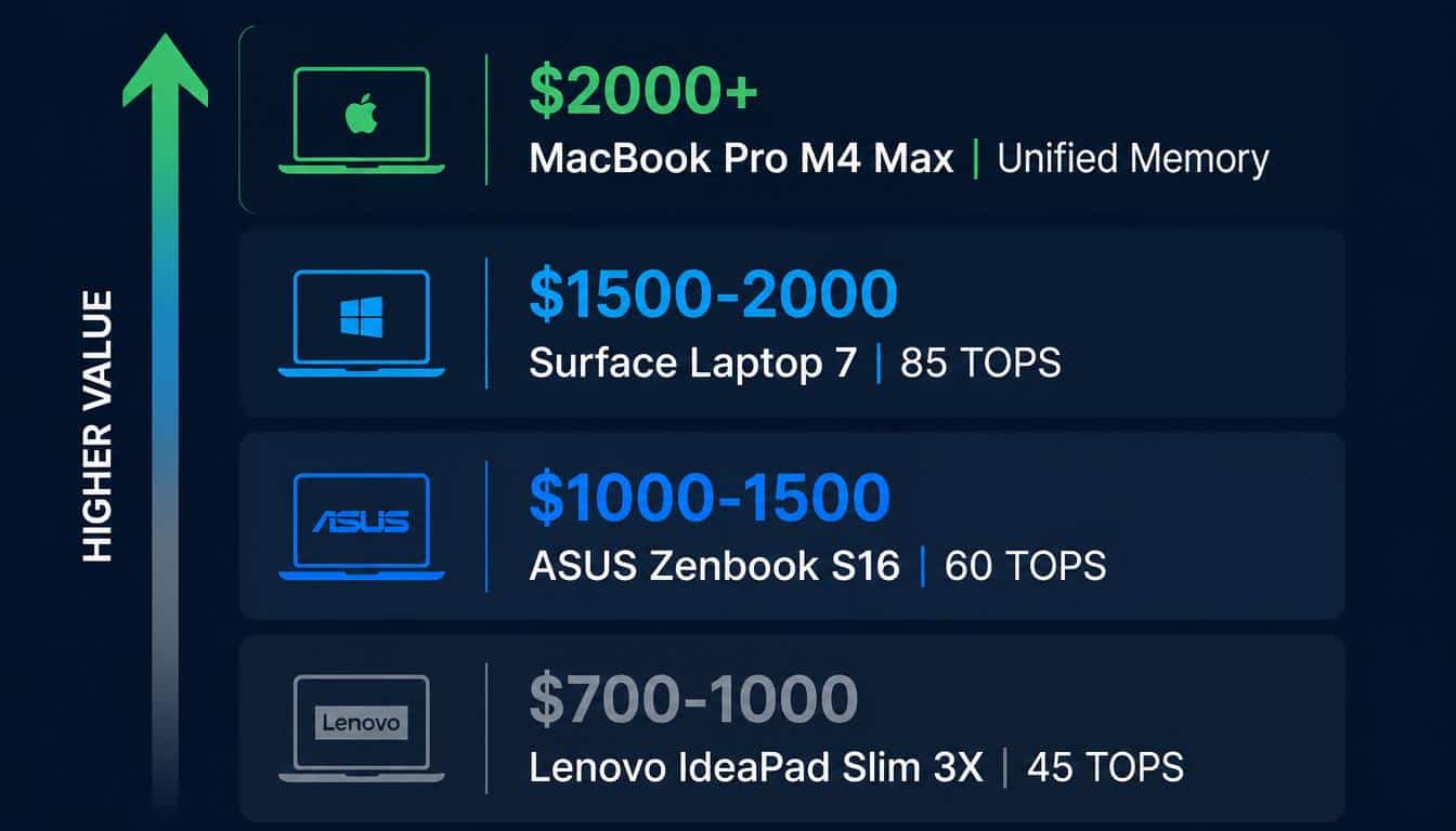 Best NPU laptop by budget 2026 price ladder showing  top picks from 700 dollars to 2500 dollars for developers