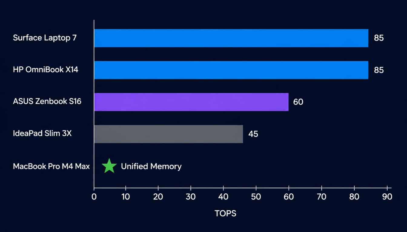 NPU laptop TOPS comparison chart 2026 showing  Surface Laptop 7 HP OmniBook ASUS Zenbook and  Apple MacBook Pro performance ratings